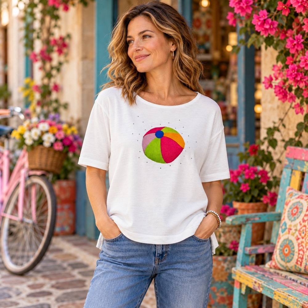 Bua Bua Shirt Womens Embroidered Beach Ball Rhinestone Whimsical White Large